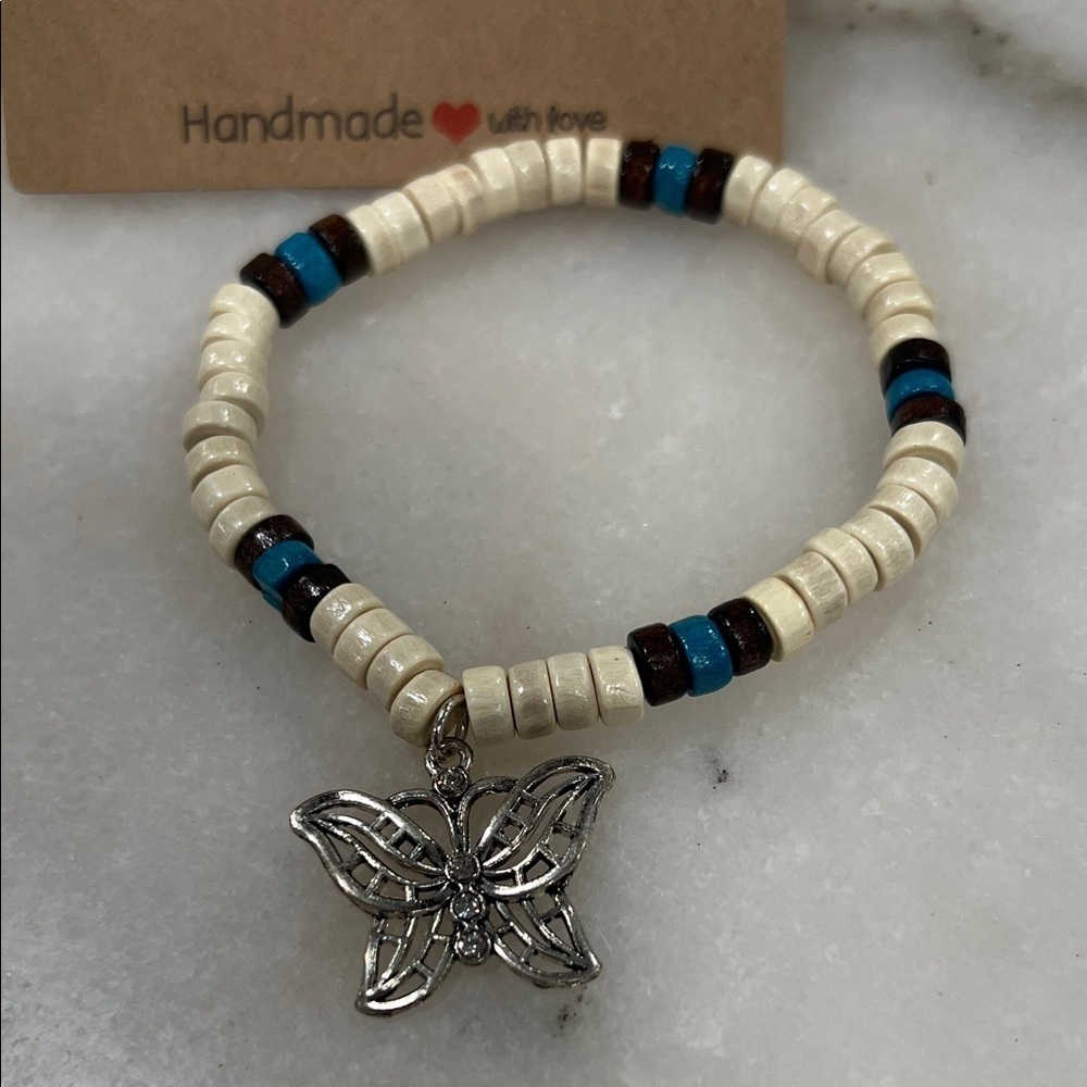 Southwestern Chic Wood Beaded Bracelet with Butterfly Charm